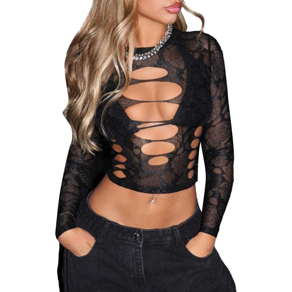 Women's Mesh Crop Top Floral Cut Out Sheer Rave Party Streetwear Medium - Picture 1 of 5